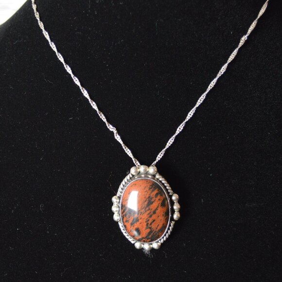 Mexican Sterling Silver and Mahogany Obsidian Pendant Necklace